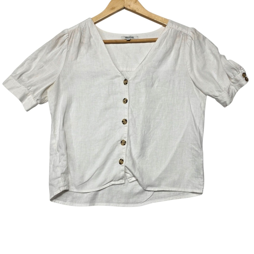 Madewell Central Shirt Womens XXS White Linen Viscose Button V-Neck Short Sleeve